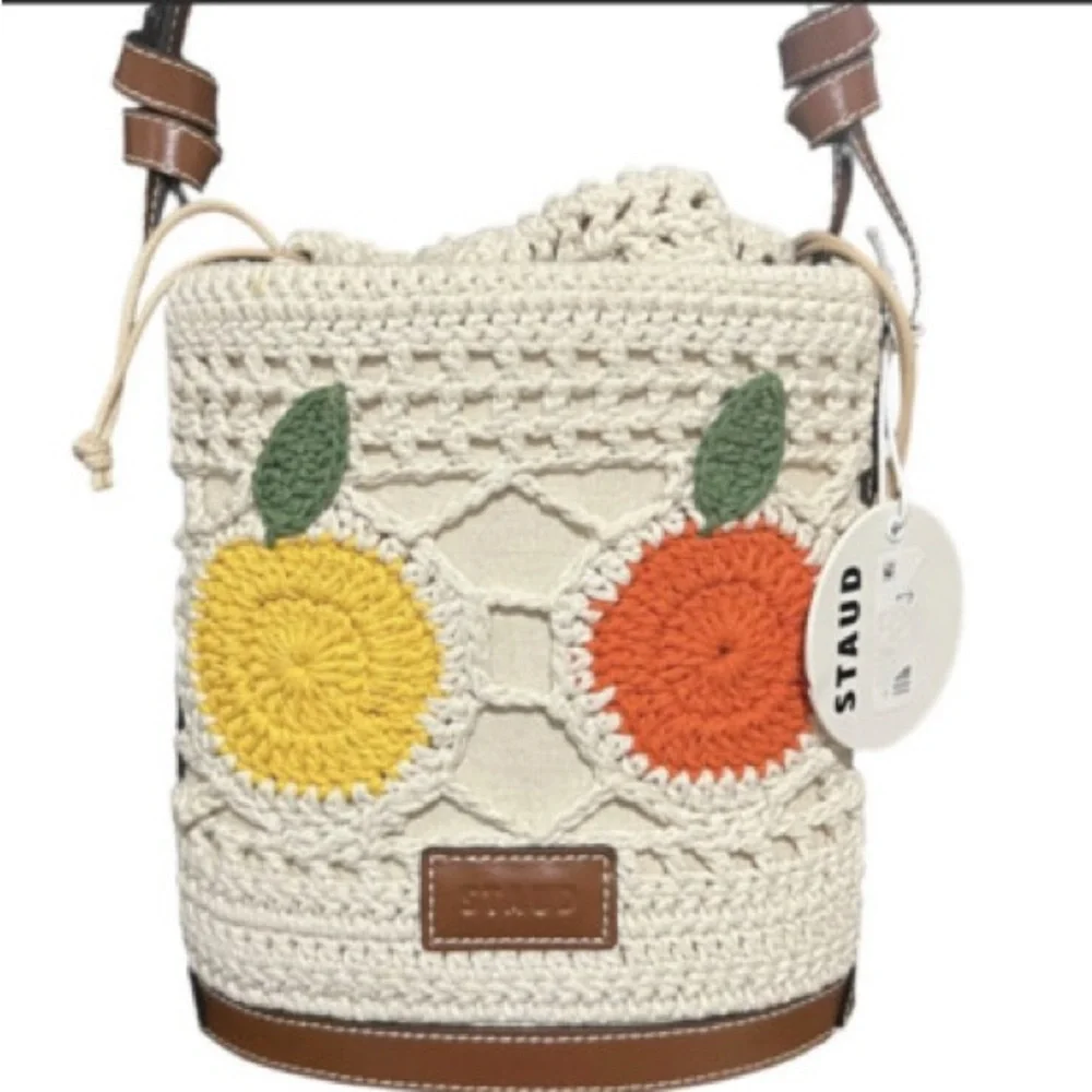 STAUD Cream Crochet Bucket Crossbody with Yellow and Red Fruit Motifs - Picture 4 of 12